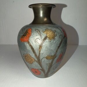 Vintage Cloisonne Enamel Brass Vase Floral 8" Made in India Artisanal